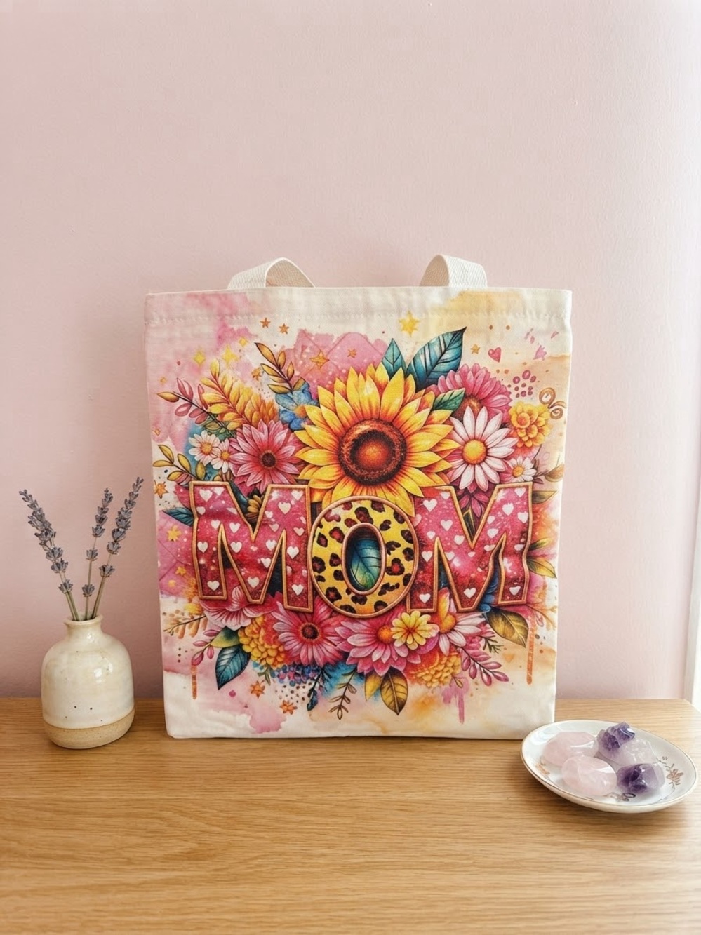 Floral 'MOM' Canvas Tote Bag in Pink and Yellow